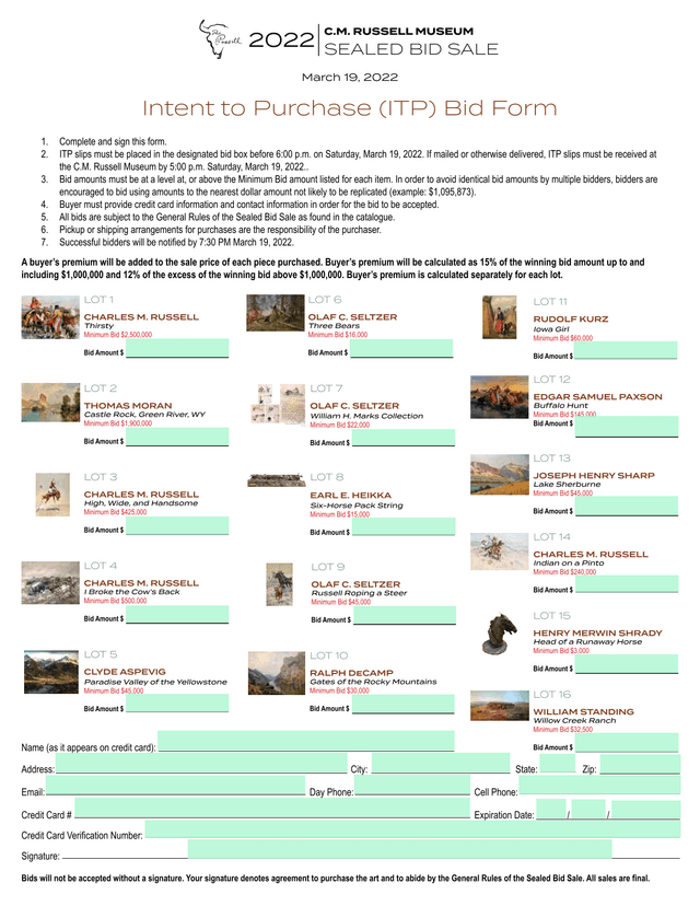Intent To Purchase (ITP) Bid Form screenshot