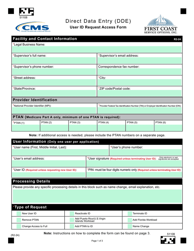 Direct Data Entry (DDE) User ID Request Access Form screenshot