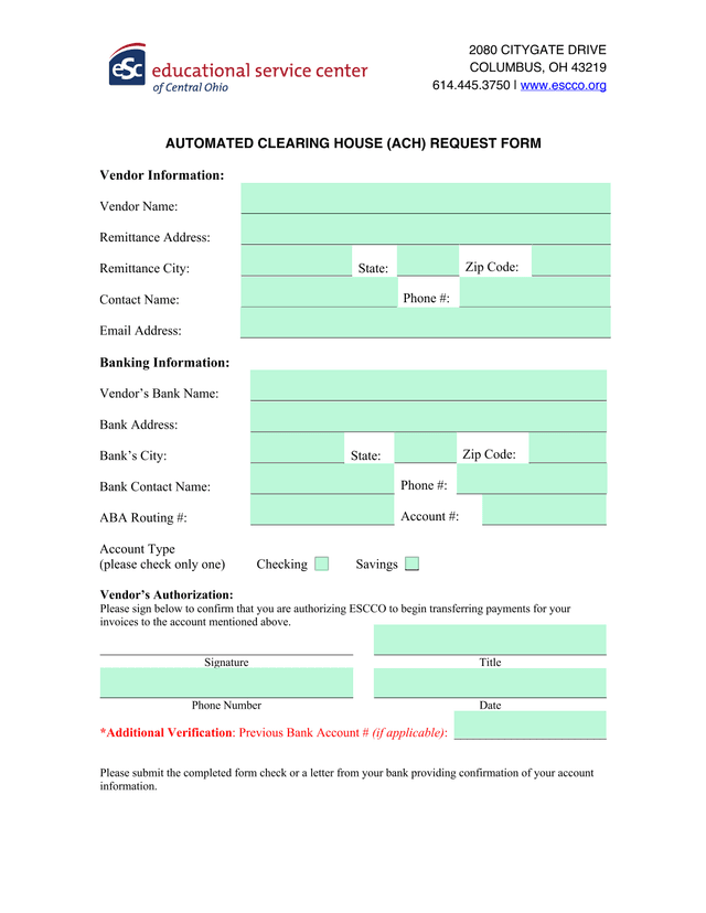 Automated Clearing House (ACH) Request Form screenshot