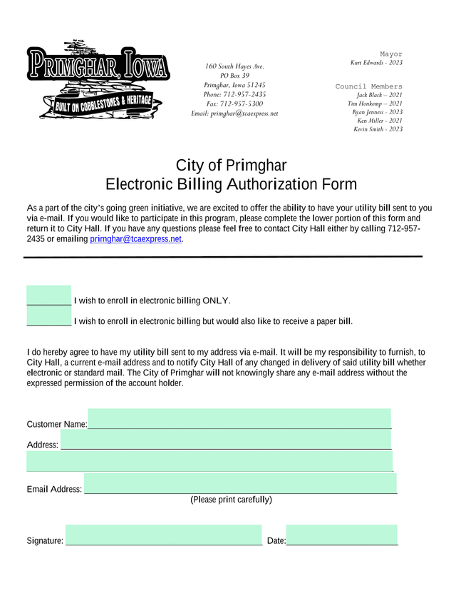 Electronic Billing Authorization Form screenshot