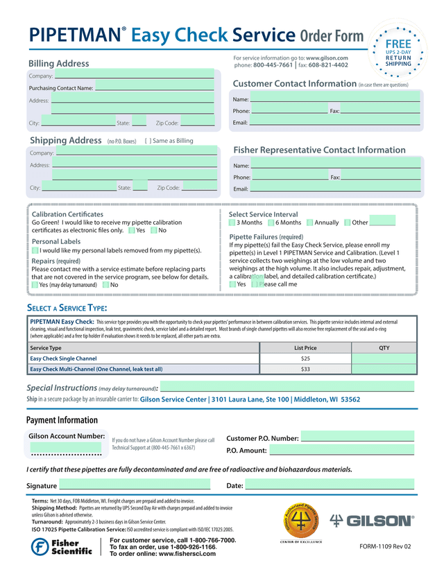 PIPETMAN Easy Check Service Order Form screenshot