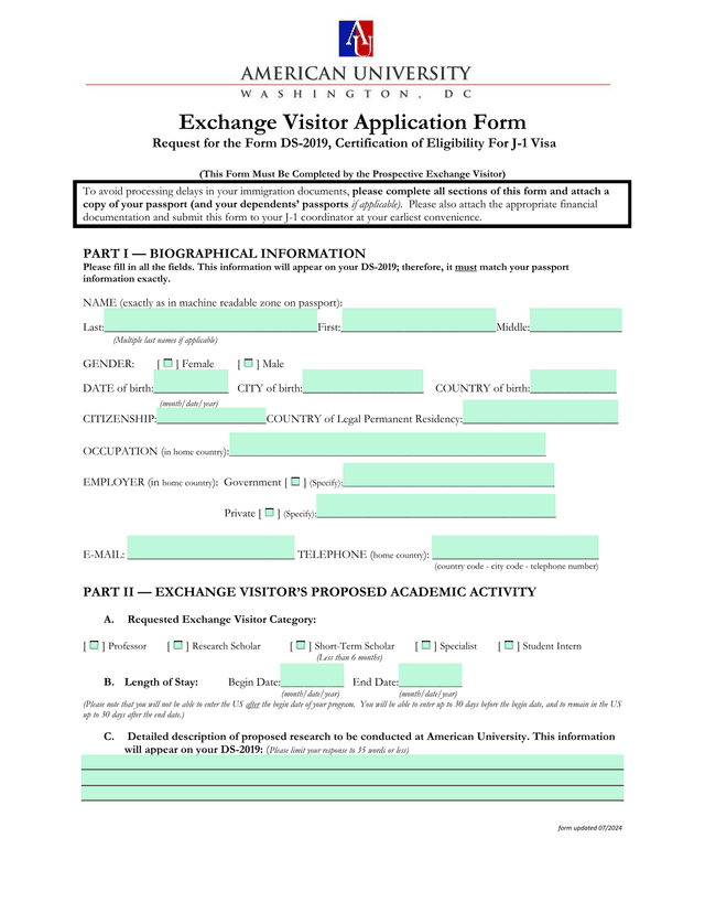 Exchange Visitor Application Form screenshot