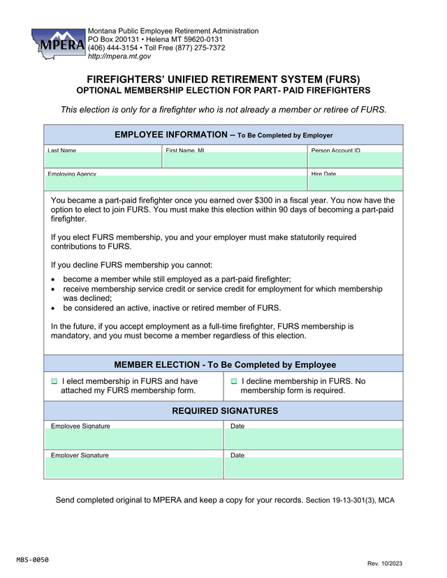 FIREFIGHTERS UNIFIED RETIREMENT SYSTEM (FURS) OPTIONAL MEMBERSHIP ELECTION FOR PART PAID FIREFIGHTER screenshot