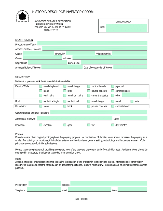 Historic Resource Inventory Form screenshot