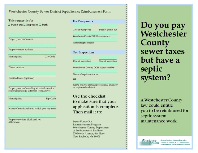 Westchester County Sewer District Septic Service Reimbursement Form screenshot
