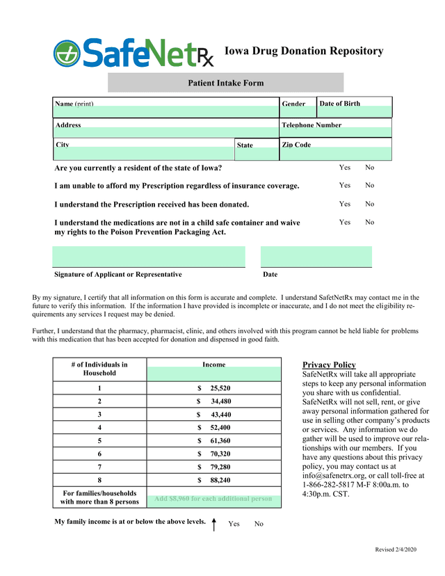 Iowa Drug Donation Repository Patient Intake Form screenshot
