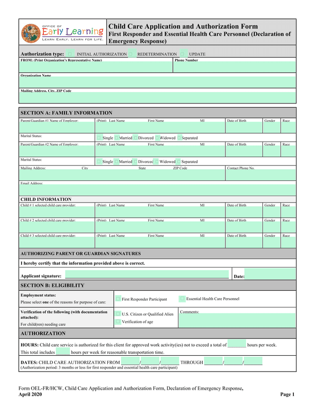 Form OEL FRHCW, Child Care Application And Authorization Form, Declaration Of Emergency Response screenshot