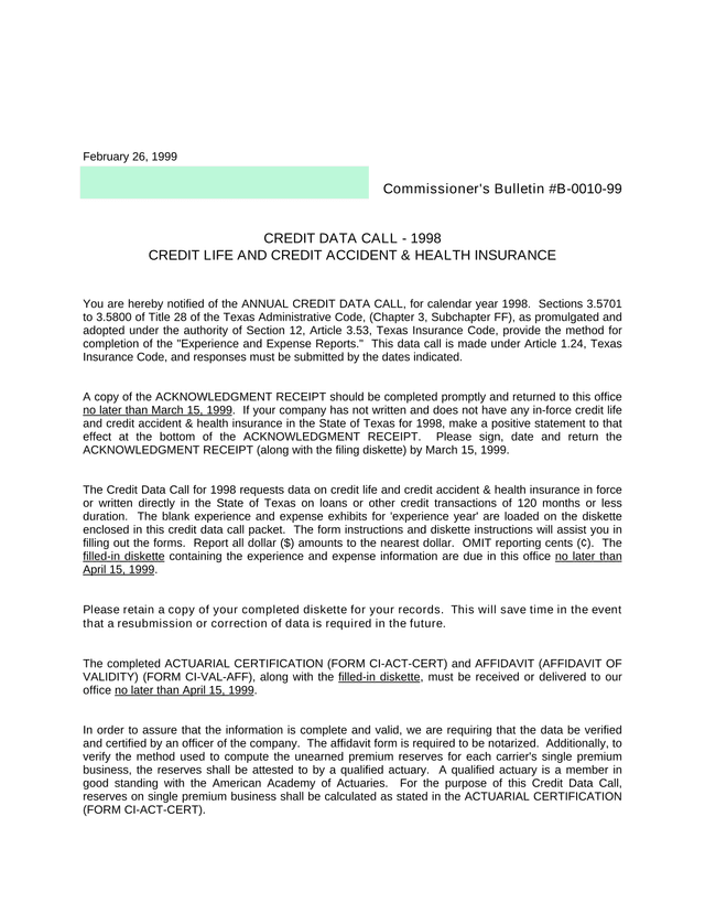 CommissionerS Bulletin B 0010 99   Credit Data Call   1998 screenshot