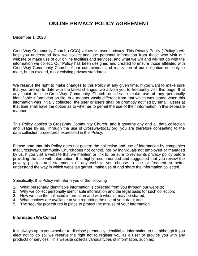Online Privacy Policy Agreement screenshot