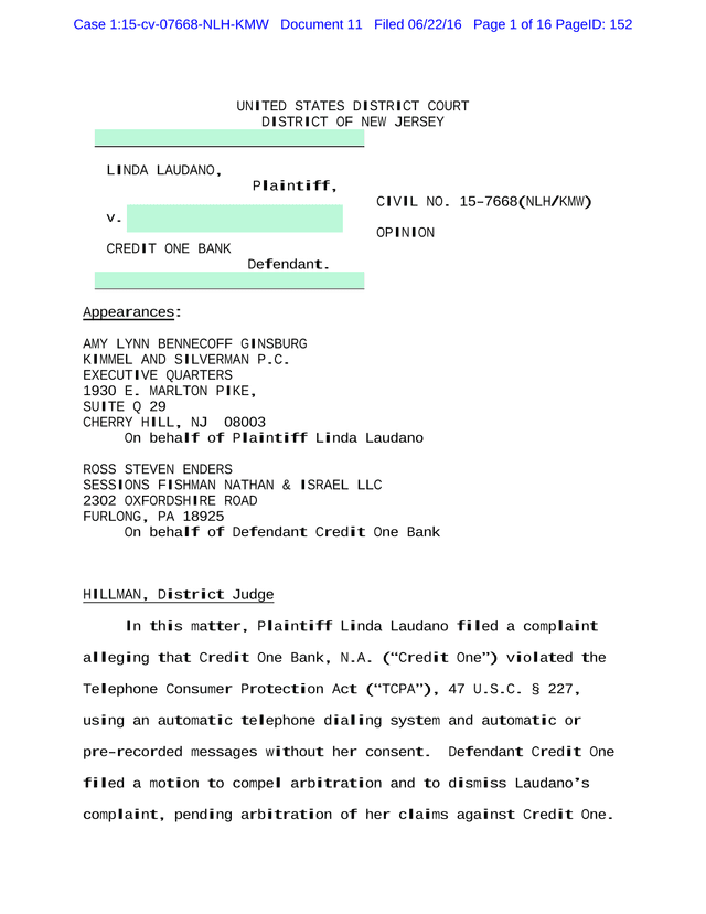 Court Opinion Laudano V. Credit One Bank screenshot