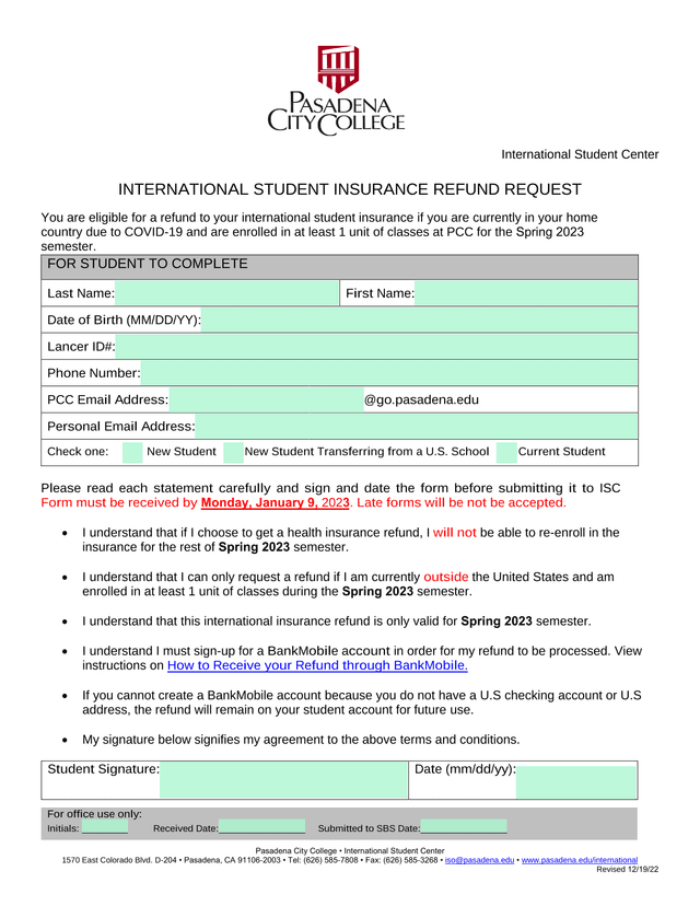International Student Insurance Refund Request screenshot
