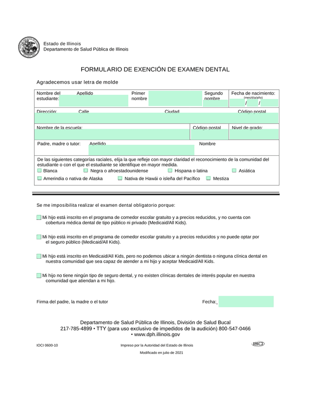 Formulario De Exencin De Examen Dental screenshot