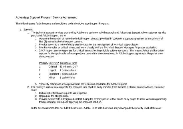 Advantage Support Program Service Agreement screenshot