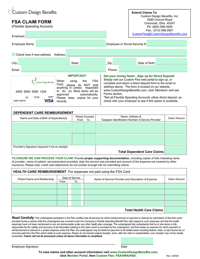 Dependent Care And Health Care Reimbursement Claim Form screenshot