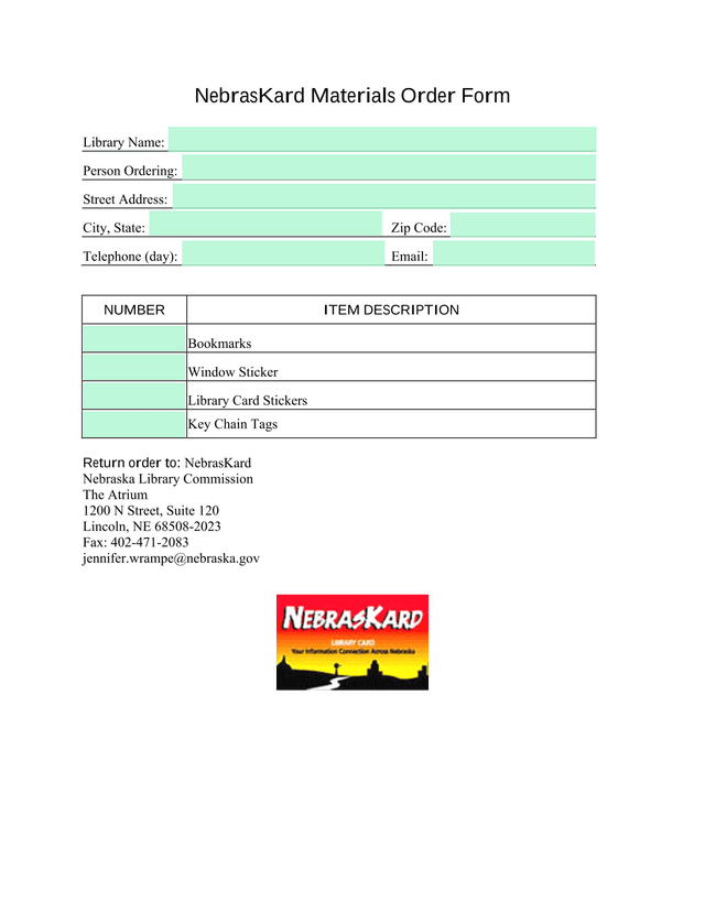 NebrasKard Materials Order Form screenshot