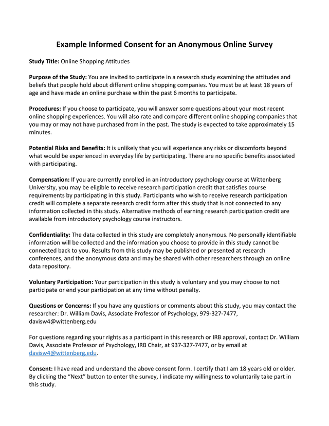 Example Informed Consent For An Anonymous Online Survey screenshot