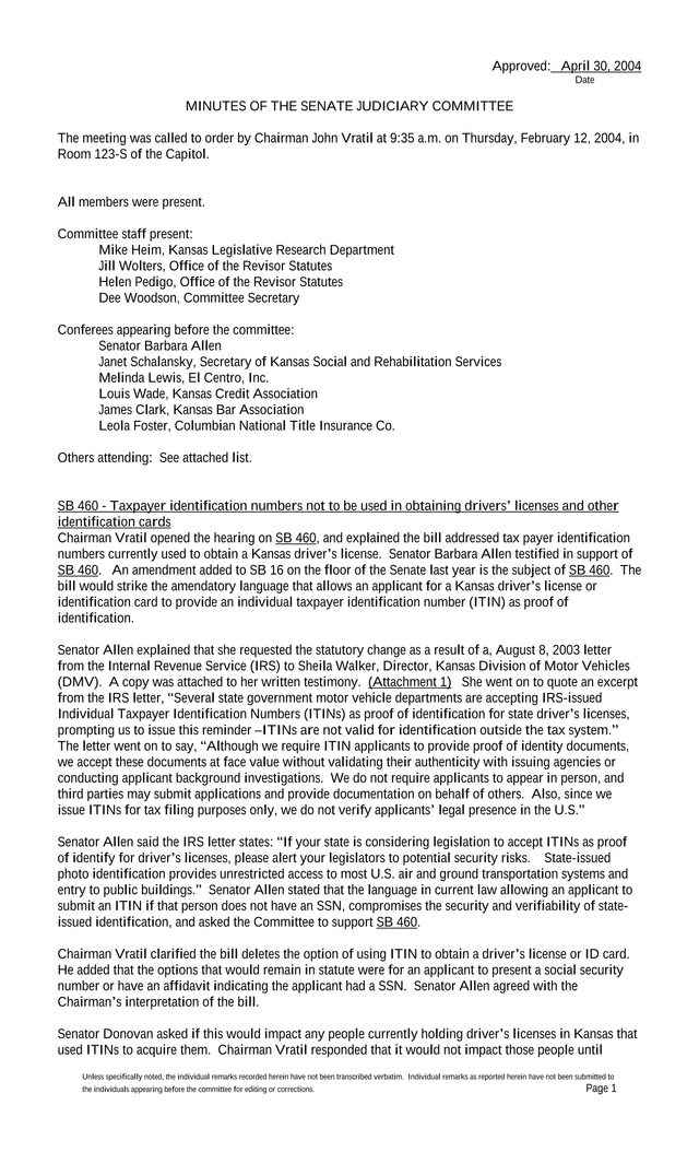 Minutes Of The Senate Judiciary Committee screenshot