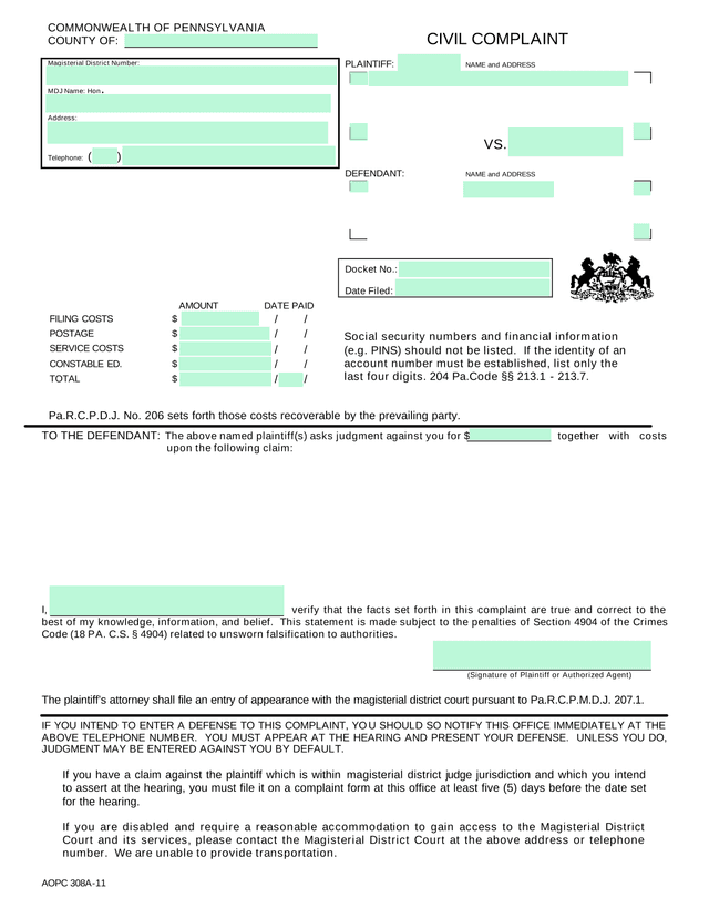 AOPC 308A 11 Civil Complaint screenshot