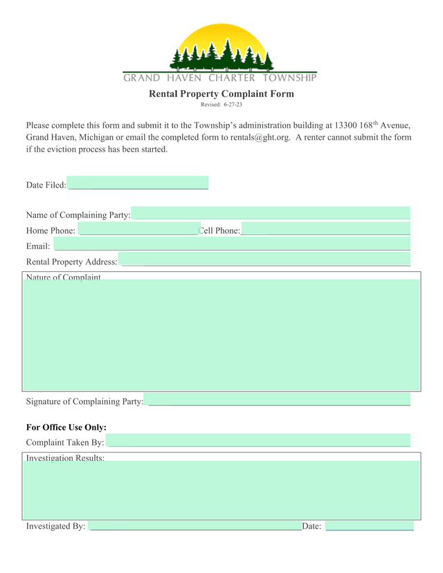 Rental Property Complaint Form screenshot