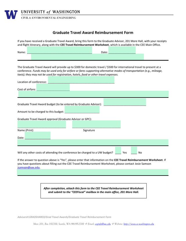 Graduate Travel Award Reimbursement Form screenshot