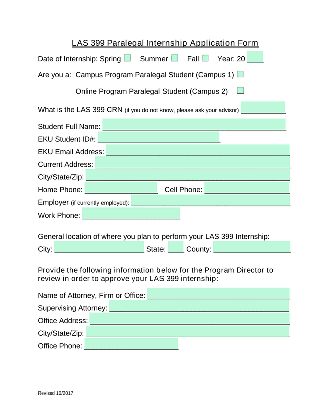 LAS 399 Paralegal Internship Application Form screenshot
