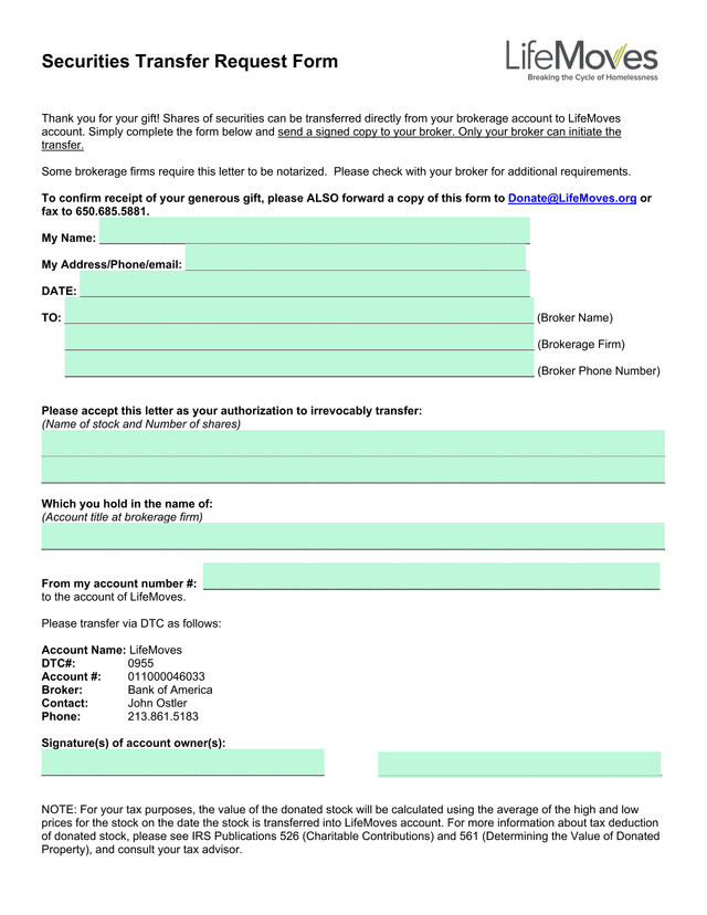 Securities Transfer Request Form screenshot