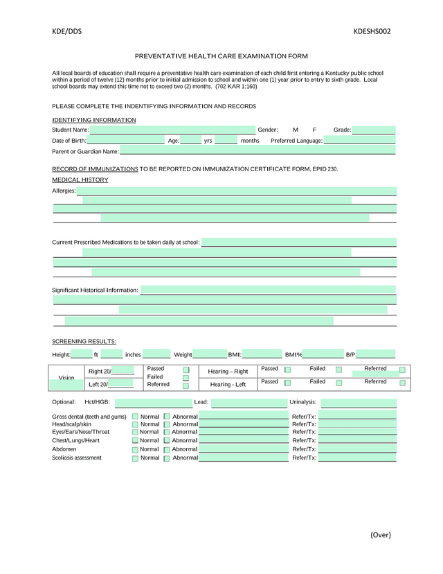 PREVENTATIVE HEALTH CARE EXAMINATION FORM screenshot