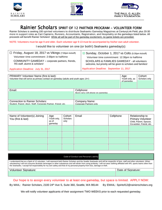 Rainier Scholars SPIRIT OF 12 PARTNER PROGRAM   VOLUNTEER FORM screenshot