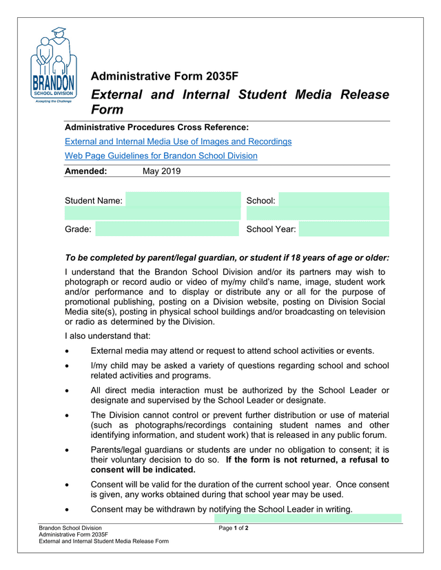 External And Internal Student Media Release Form screenshot