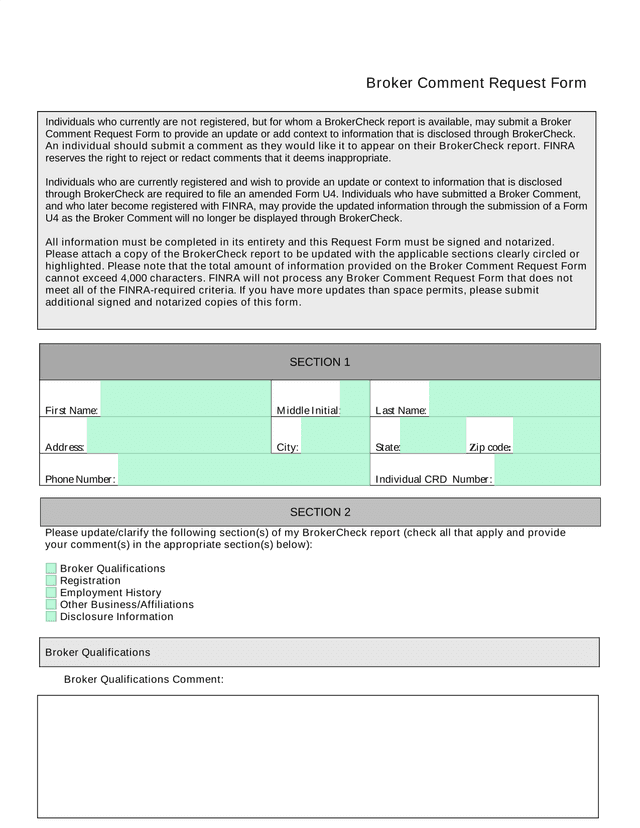 Broker Comment Request Form screenshot
