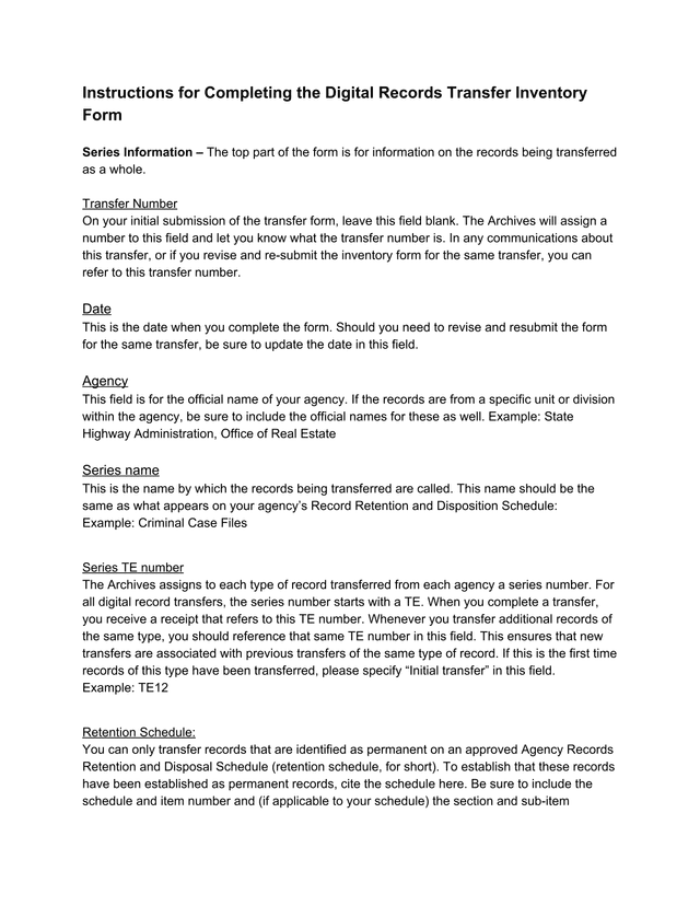 Instructions For Completing The Digital Records Transfer Inventory Form screenshot