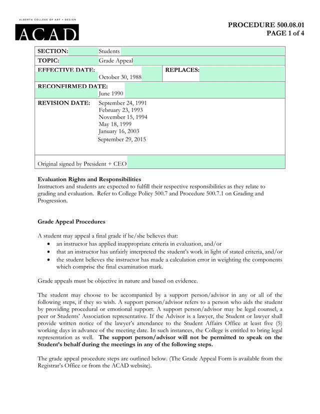 Procedure 500.08.01 Grade Appeal screenshot