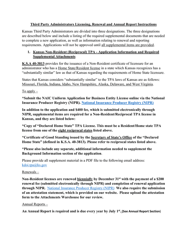 Third Party Administrators Licensing, Renewal And Annual Report Instructions screenshot