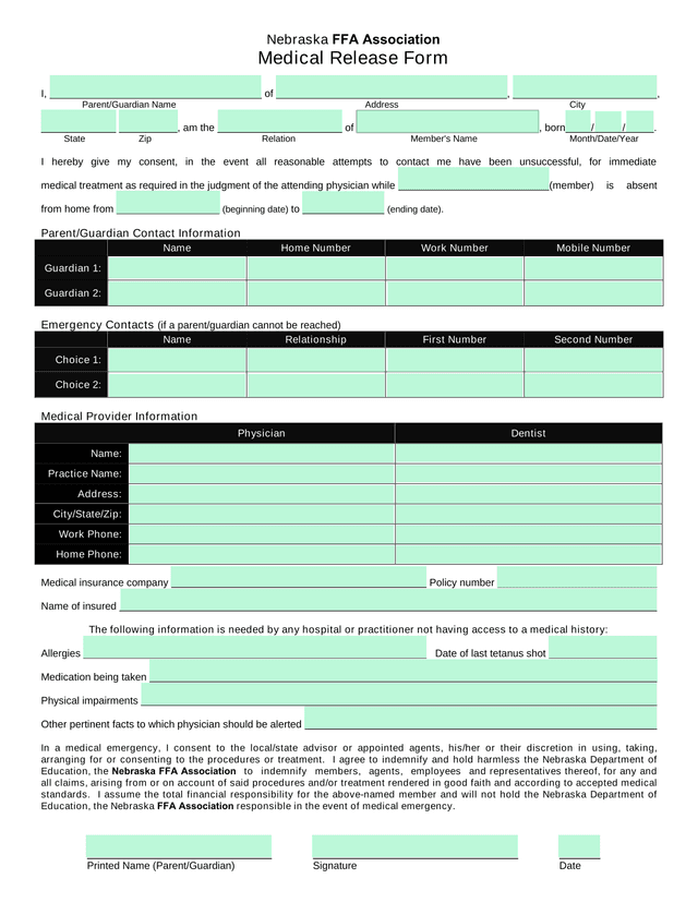Nebraska FFA Association Medical Release Form screenshot