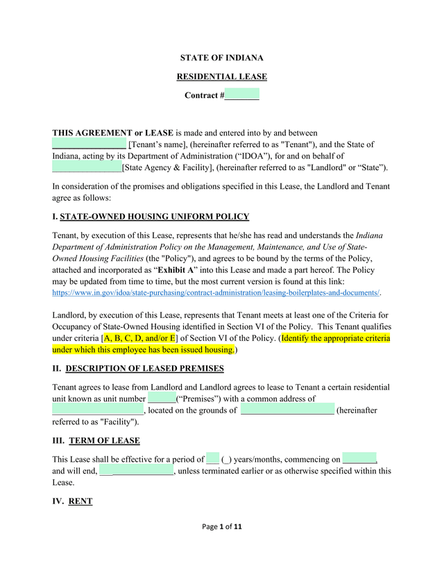 STATE OF INDIANA RESIDENTIAL LEASE screenshot