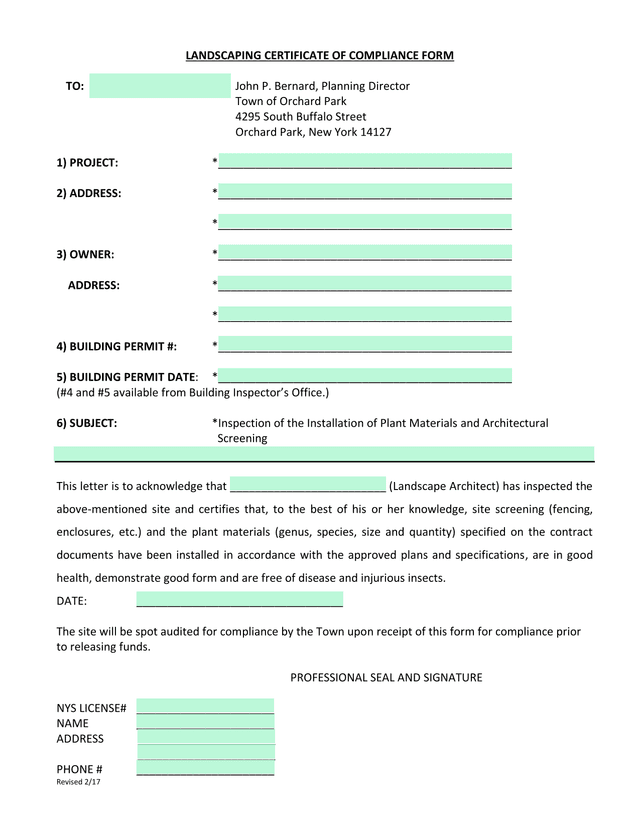 Landscaping Certificate Of Compliance Form screenshot