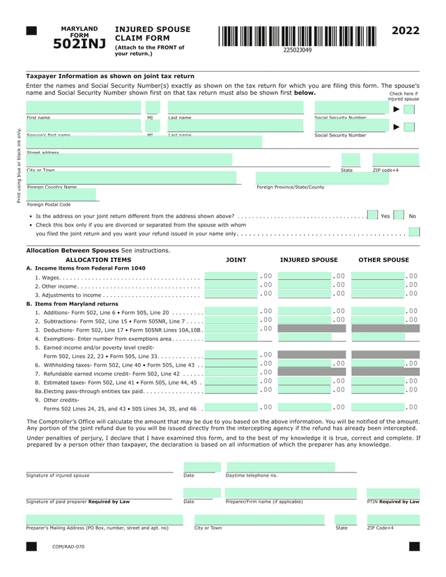 Maryland Form 502INJ Injured Spouse Claim Form screenshot