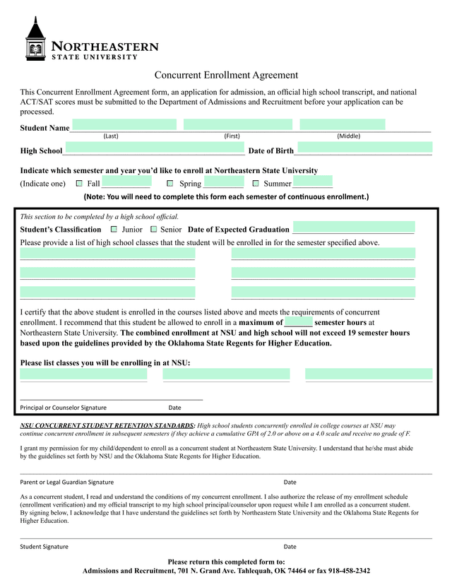 Concurrent Enrollment Agreement screenshot