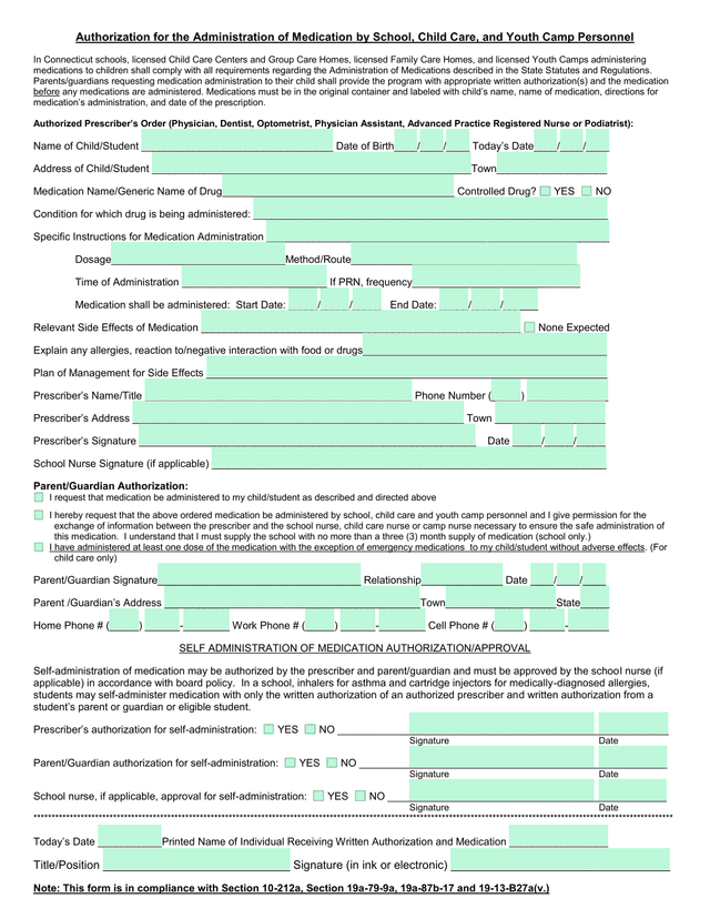 Authorization For The Administration Of Medication By School, Child Care, And Youth Camp Personnel screenshot