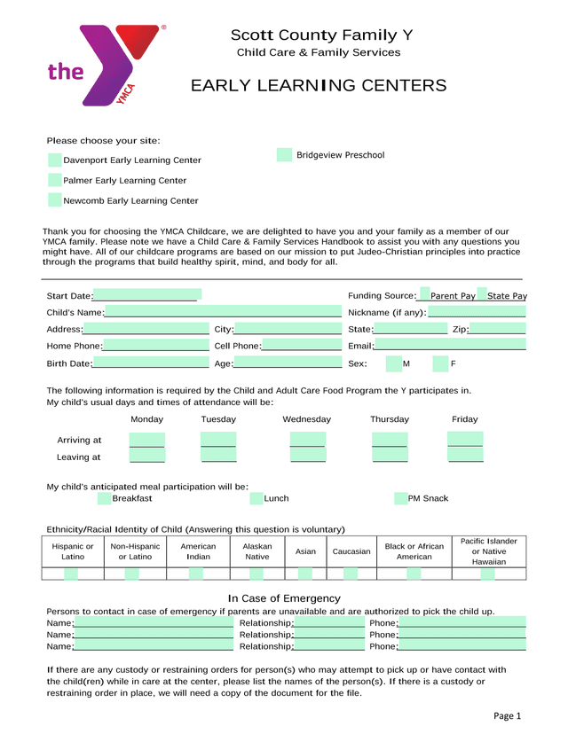 YMCA Child Care  Family Services Enrollment Form screenshot
