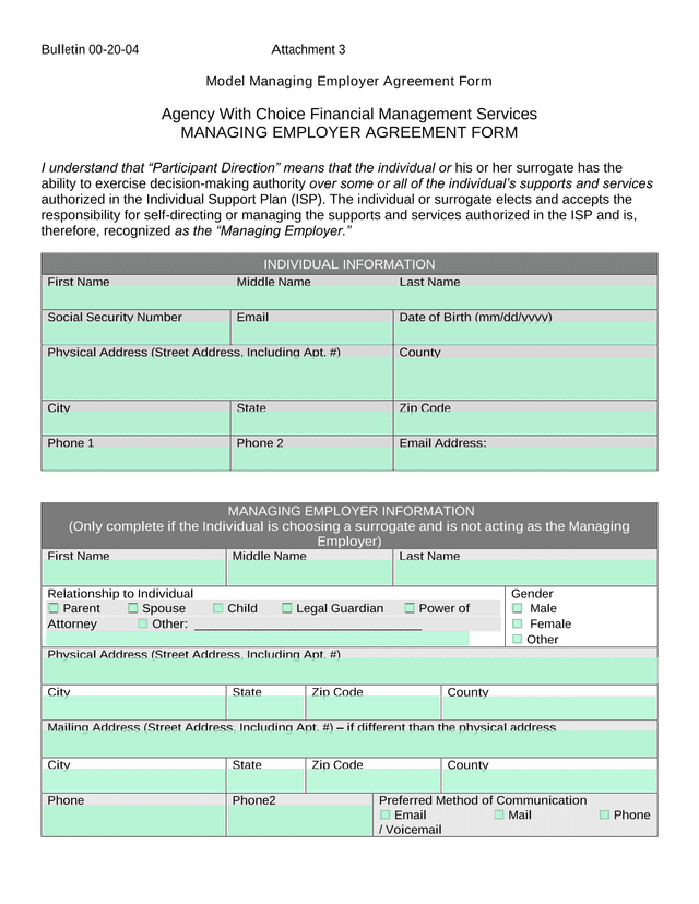 Model Managing Employer Agreement Form screenshot