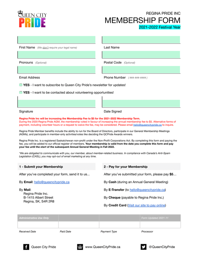 REGINA PRIDE INC MEMBERSHIP FORM screenshot