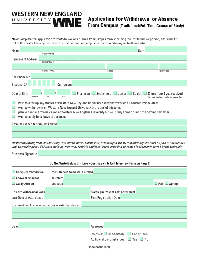 Application For Withdrawal Or Absence From Campus (TraditionalFull Time Course Of Study) screenshot