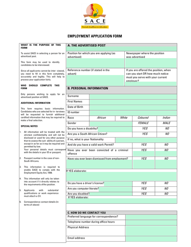 Employment Application Form screenshot