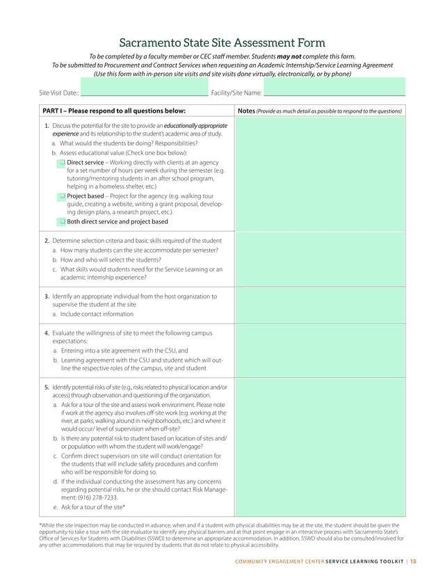 Sacramento State Site Assessment Form screenshot