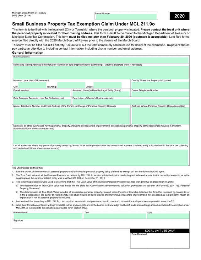 Commercial Personal Property Exemption Form screenshot