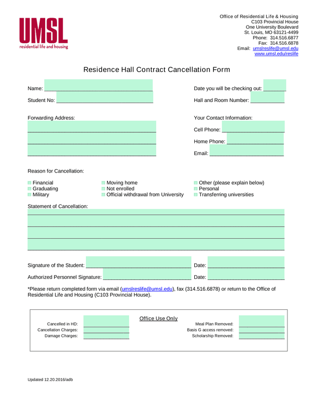 Residence Hall Contract Cancellation Form screenshot