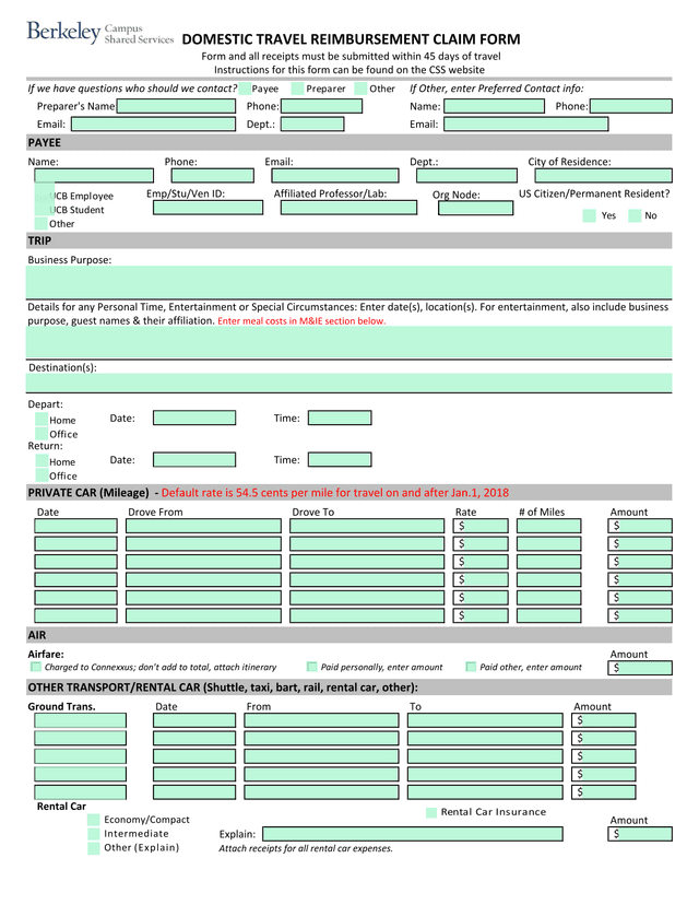 DOMESTIC TRAVEL REIMBURSEMENT CLAIM FORM screenshot