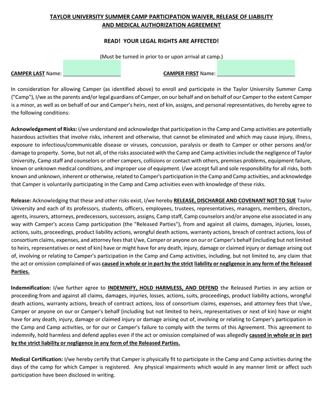 Taylor University Summer Camp Participation Waiver, Release Of Liability And Medical Authorization A screenshot