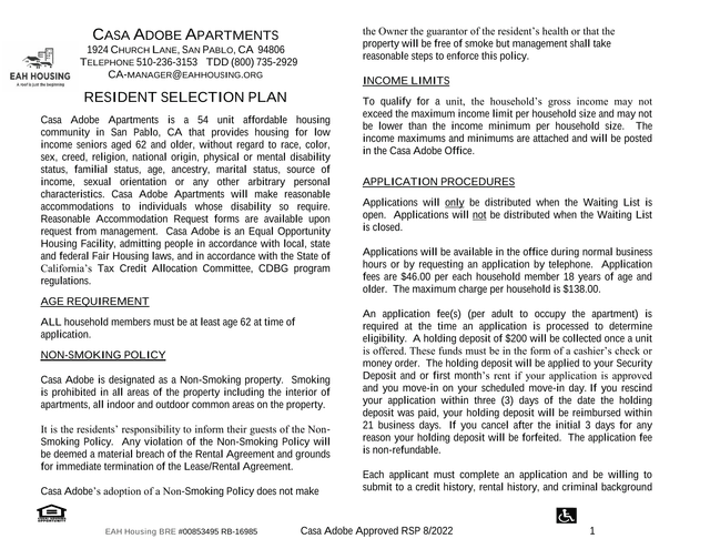 Casa Adobe Apartments Resident Selection Plan screenshot